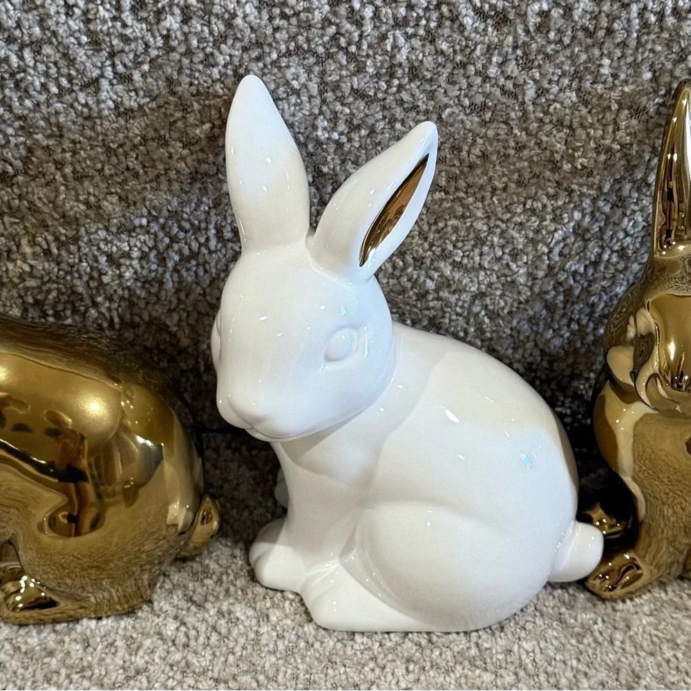 Easter Bunny Figurines Gold and White and Decorations Set